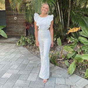 KADIE COTTON BLEND FLARED DENIM JUMPSUIT